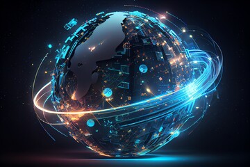 Wall Mural - smart world technology metaverse cyber orbits digital world technology iot world concept. 3d neon li