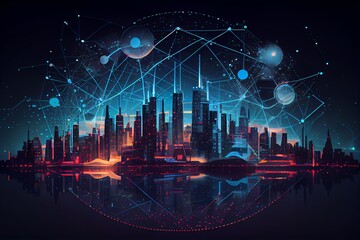 Canvas Print - Telecommunication and communication network concept. Big data connection technology. Smart city and digital transformation. Generative AI