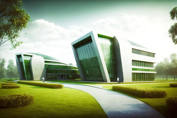 Sticker - ecofriendly institution with green lawn and futuristic university building, generative ai