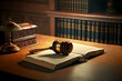 wooden table and judge in court with gavel and law book