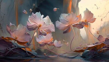 A Painting Of Pink Flowers And Butterflies In A Cave With A Waterfall In The Background And A Large Rock Formation In The Middle Of The Picture.  Generative Ai