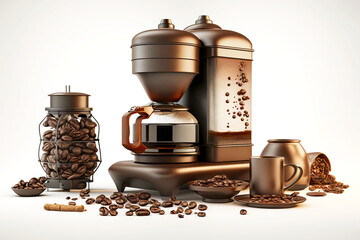 Sticker - geyser coffee maker with cups and coffee beans on white background, generative ai