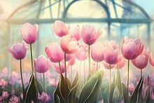  Pink Tulips In Flower Greenhouse On Pastel Background, Watercolor Style AI Generated