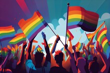 Generative AI Illustration, Crowd Waving Rainbow Flags At Pride Parade