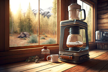 Canvas Print - geyser coffee maker on wooden table by window, generative ai