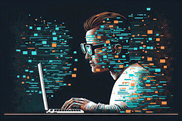 person with laptop and glasses working with large rectangular block of data for machine learning, generative ai