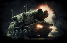 Heavy Mobile Rocket Artillery System Or Air Defense Military Truck Illustration On Dark Background