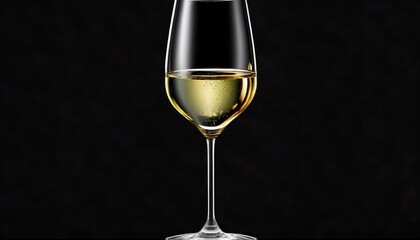 Poster -  a glass of white wine on a black background with a reflection of the wine in the wine glass and the wine in the wine glass.  generative ai