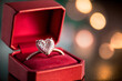 beautiful heart shaped diamond engagement ring inside a red box, surprise proposal, romantic gift concept created with generative AI
