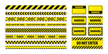 Various Barricade Construction Tapes And Warning Shields. Yellow Police Warning Line, Brightly Colored Danger Or Hazard Stripe, Ribbon. Restricted Area, Zone. Attention Symbol. Vector Illustration
