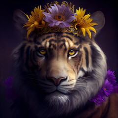 Wall Mural - tiger with a crown of flowers generative ai