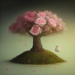 Wall Mural - Generative AI: cute fantasy tree in delicate pastel colors with shapes