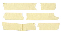 Six Pieces / Strips Of Ripped Yellow Textured Adhesive Kraft Paper / Masking Tape, Attach Something Or Use As Labels And Add Some Text - Isolated Design Element	