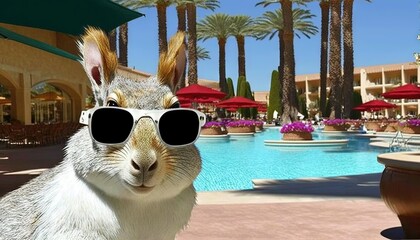 Wall Mural -  a rabbit wearing sunglasses next to a pool with palm trees and a hotel in the backgrouf of the photo, with a pool in the background.  generative ai