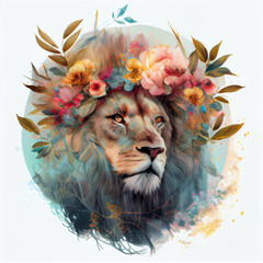 Sticker - Lion with a flower crown, King lion generative ai