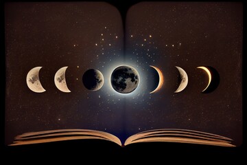 Wall Mural - astrology or astronomy book of the universe - opened old witch magic book with moon phases.