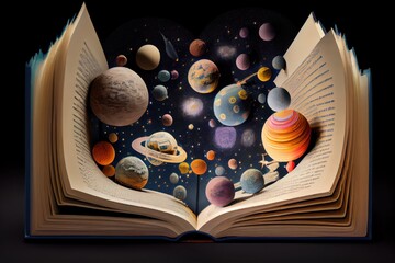 Wall Mural - astrology or astronomy book of the universe - opened old magic book with space, galaxy, planets and 