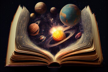 Wall Mural - astrology or astronomy book of the universe - opened old magic book with space, galaxy, planets and 