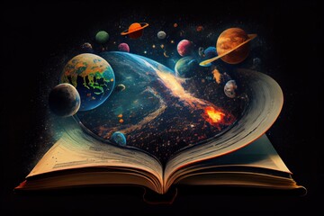 Wall Mural - astrology or astronomy book of the universe - opened old magic book with space, galaxy, planets and 