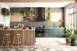 Contemporary empty home interior kitchen boho style, concept of Bohemian and Minimalistic, created with Generative AI technology