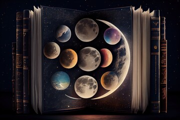 Wall Mural - astrology or astronomy book of the universe - opened old witch magic book with moon phases.