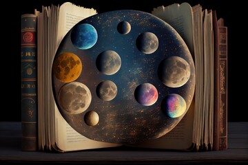 Wall Mural - astrology or astronomy book of the universe - opened old witch magic book with moon phases.