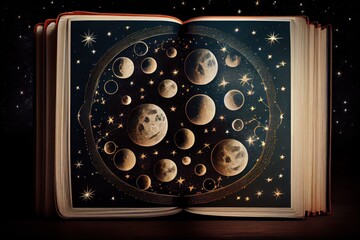Wall Mural - astrology or astronomy book of the universe - opened old witch magic book with moon phases.