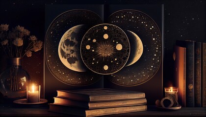 Wall Mural - astrology or astronomy book of the universe - opened old witch magic book with moon phases.