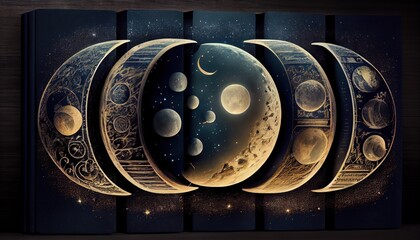 Wall Mural - astrology or astronomy book of the universe - opened old witch magic book with moon phases.
