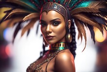 Exotic Brazilian Young Woman Dressed For Carnival Looking At The Camera. Generative AI