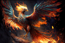 Large Picture Depicting Phoenix Firebird Rising From Burning Flames, Generative Ai
