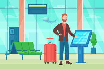 Self service in airport vector illustration. Cartoon man with baggage standing at kiosk with interactive panel to check in for flight, passenger using automated registration in airport terminal