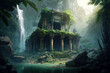 Temple ruins in jungle, old stone building and waterfall in mountain forest, generative AI