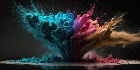 Colored powders exploding in water, concept of Holistic Aesthetics and Sensory Overload, created with Generative AI technology