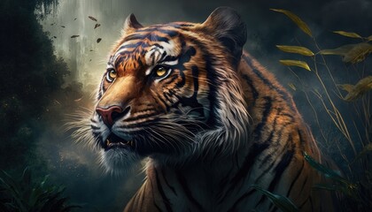 Wall Mural - a close up of a majestic tiger, surrounded by a dense jungle and a backdrop of dramatic skies genera