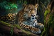 Leopard relax in the rain forest on the timber with moss and looking camera generative ai