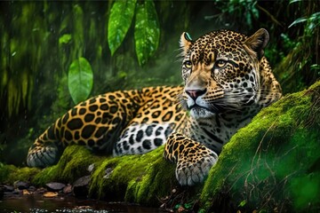 Wall Mural - leopard relax in the rain forest on the timber with moss and looking camera generative ai