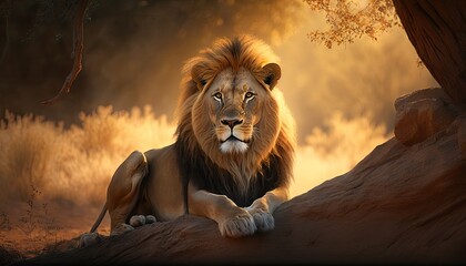 Wall Mural - majestic lion king, sitting on a large rock, surrounded by his pride in the african savannah, golden