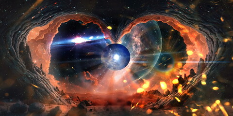 Wall Mural - esoteric world earth and sun light flares on cosmic space and people silhouette starry night sky neb
