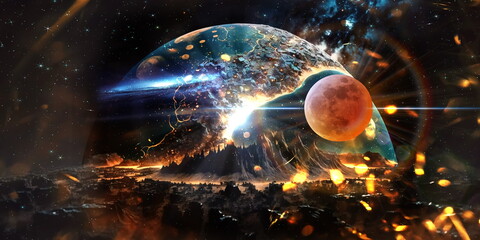Wall Mural - esoteric world earth and sun light flares on cosmic space and people silhouette starry night sky neb
