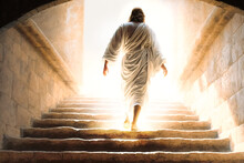 Jesus On His Back Going Up The Stairs Leaving The Tomb, Rays Of Light Entering. AI Generated.
