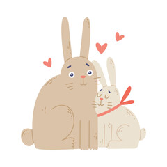 Poster - Bunny family. Rabbit parent hugging its lovely baby. Happy parenthood cartoon vector illustration