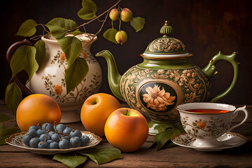 Wall Mural - vintage tea set with fruit and teapot on background of leaves, generative ai