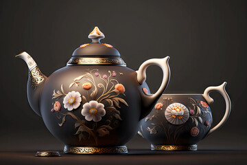 Poster - set of porcelain teapot with tea on dark background, generative ai