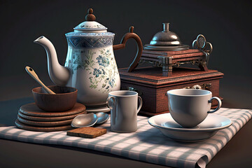 Canvas Print - kitchenware table with teapot cozy cups and sugar bowl, generative ai