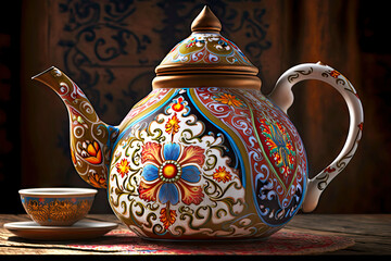 Canvas Print - beautiful hand painted oriental teapot with bright ornament on table, generative ai