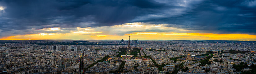 Poster - Aerial sunset ultra panorama of Paris with Eiffel Tower, France