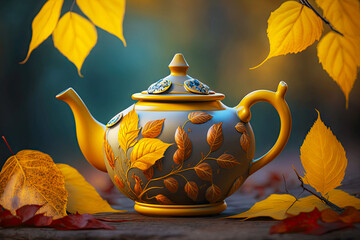 Canvas Print - yellow autumn leaves in teapot on blurred background, generative ai