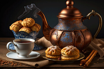 Wall Mural - dessert with cakes cinnamon biscuit and tea in teapot, generative ai