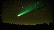 © mdurson - Green comet flying through night over silhouetted trees. Generative AI illustration